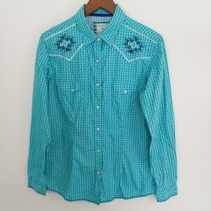 Panhandle Slim Turquoise Geo Print Long Sleeve Snap Shirt Size Medium